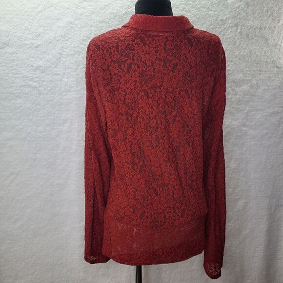 Liz Claiborne Lace Button Down Red Blouse Size Medium - Picture 9 of 16